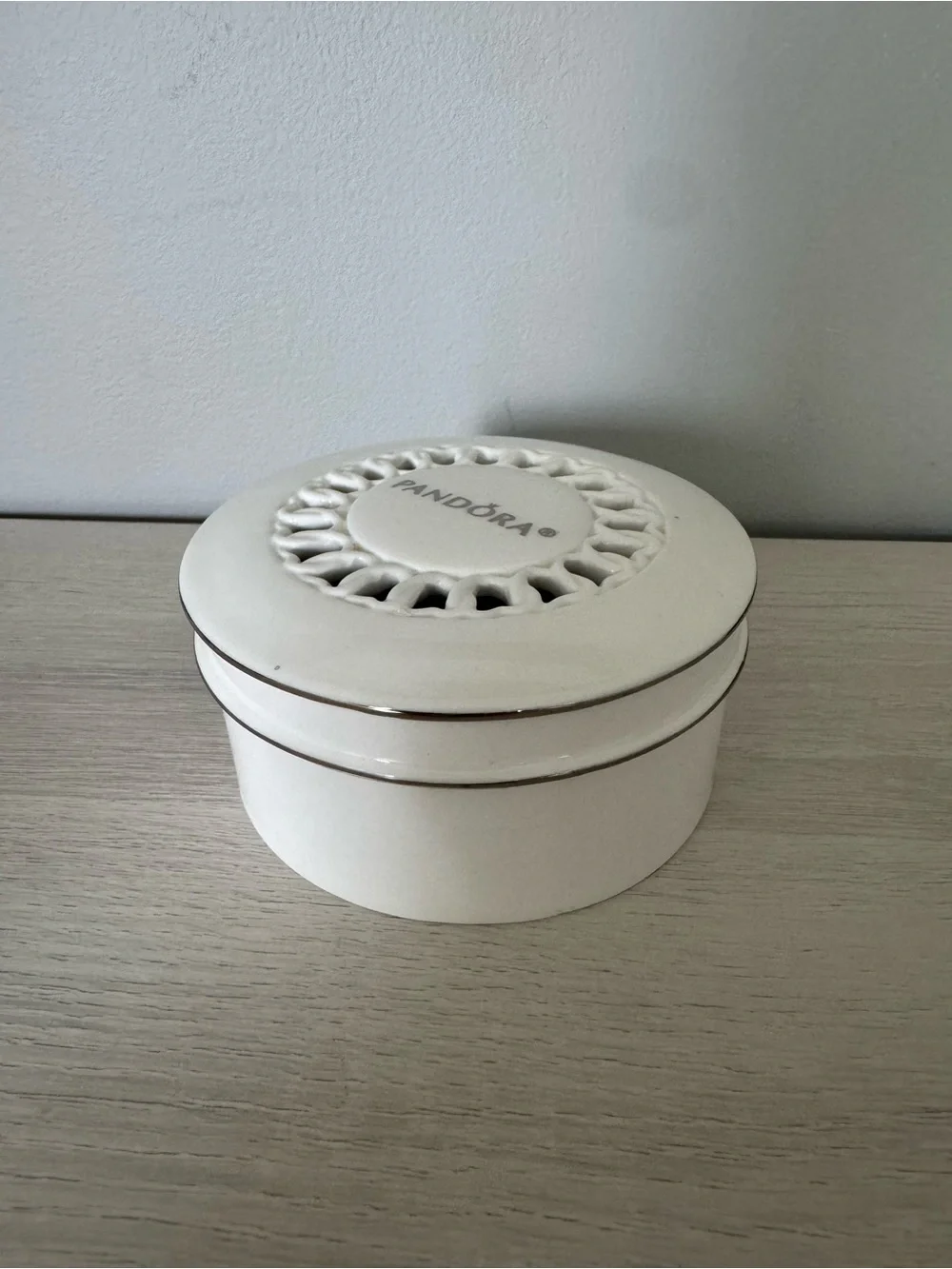 PANDORA Limited Edition White Porcelain Silver Trimmed Round Jewelry Box 4”